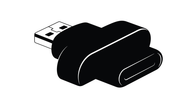 A black and white illustration depicts a usb c adapter showing its rectangular shape and port connections