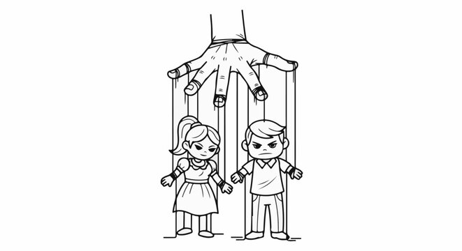 Puppet master's hand controls two children like puppets