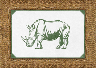 Vintage rhinoceros illustration in green ink on textured paper with decorative border, placed on woven straw background. Minimalist safari-style animal poster. © Lisa
