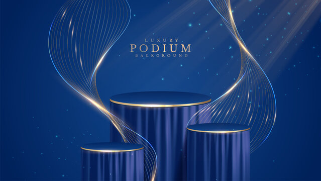 Luxury blue background with 3d podium curtain and gold line wave. Bright light beam shining over empty presentation platform. Abstract concept showcasing premium event show scene.