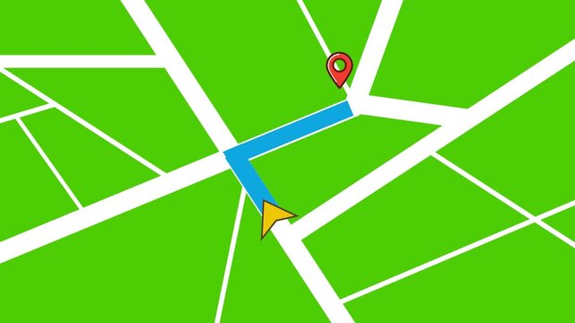 Animated GPS navigation map with a yellow arrow moving along a blue path toward a red destination pin