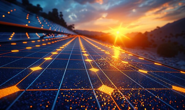 A large solar panel array at sunset in a desert landscape
