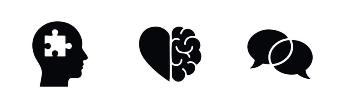 Mental health and psychology icon set featuring a puzzle in head, heart and brain balance, and speech bubbles for communication and therapy concepts.