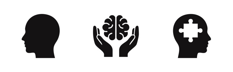 Vector icon set for mental health, psychology, and brain care, including human head profile, hands cradling a brain, and puzzle piece in mind. © Lili