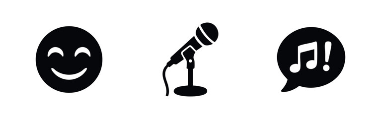 Fototapeta premium Karaoke and music performance vector icon set featuring a smiling emoji, a microphone on a stand, and a musical note speech bubble.