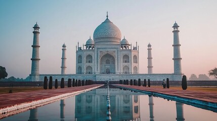 Naklejka premium Stunning sunrise over the Taj Mahal, highlighting its beauty and historical significance.