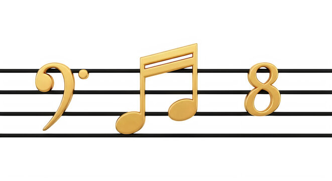 A golden eighth note and rests on sheet music isolated on transparent background