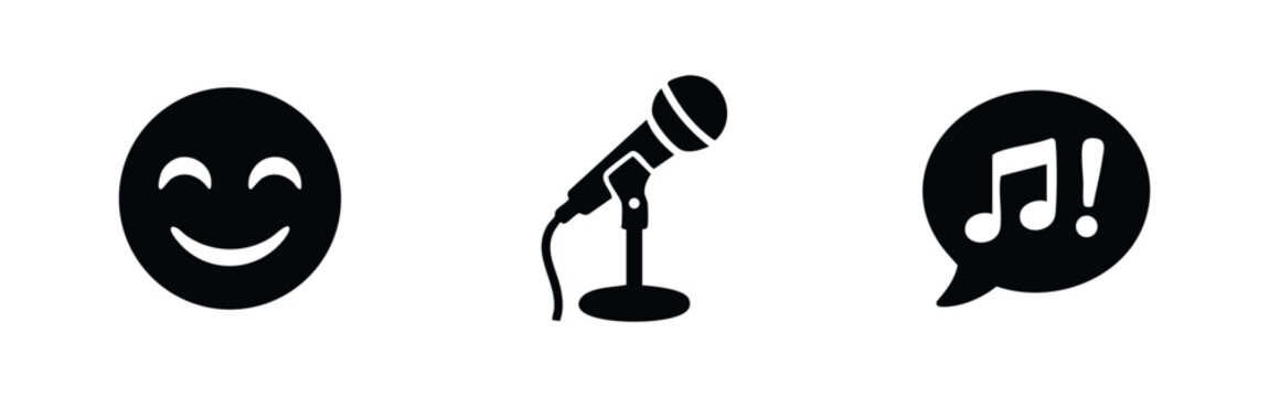 Karaoke and music performance vector icon set featuring a smiling emoji, a microphone on a stand, and a musical note speech bubble.