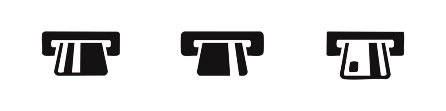 Set of three minimalist black and white icons depicting a credit card being inserted into an ATM slot, representing banking and payment transactions.