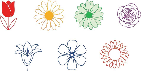 Obraz premium Collection of simple line art flower icons including tulip daisy rose and lily in flat design style for spring or nature themes