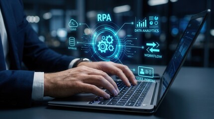 Fototapeta premium Businessman using a laptop for robotic process automation RPA and business process automation BPA.