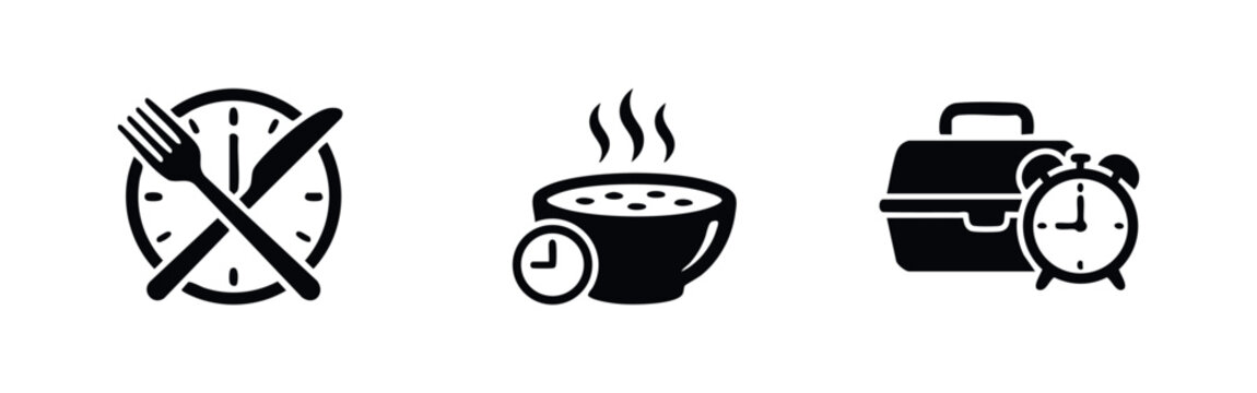 Minimalist black icons for mealtime, including a lunch break clock with cutlery, hot soup bowl, and lunch box with alarm clock on a white background.