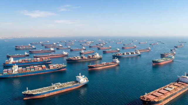 Aerial view of numerous cargo ships anchored at sea near a port, suitable for global trade, logistics congestion, supply chain, shipping industry, maritime transport, and economic activity themes.