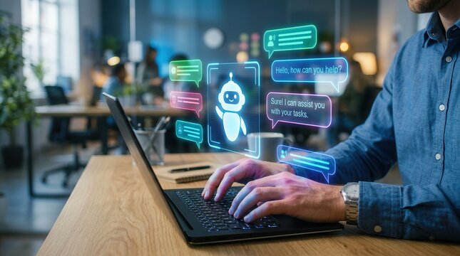 Man using a laptop computer to ask questions to an AI agent chat service at his desk.