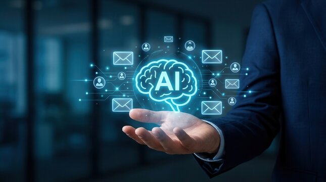 Businessperson holding an artificial intelligence icon for optimized email marketing solutions.