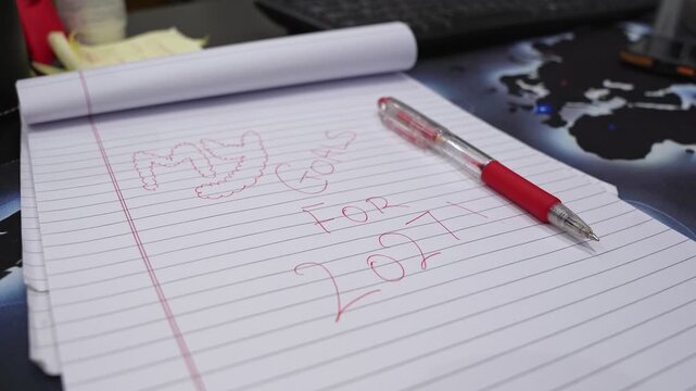 Close-up of a lined notebook showing handwritten goals for 2027 with a red pen on a desk, capturing personal planning, goal setting, and organized future preparation indoors.