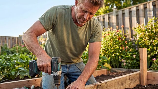 Man using a drill to build a raised garden bed in a backyard, suitable for home improvement, DIY projects, gardening, sustainability, outdoor work, and small-scale construction.
