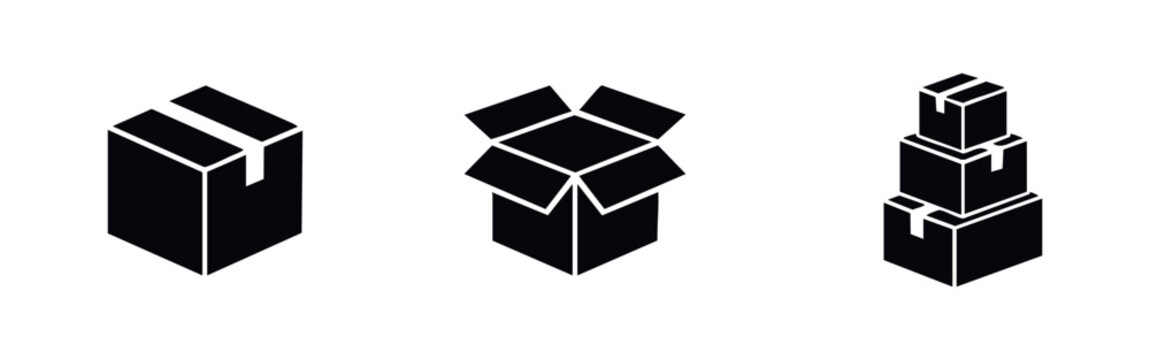 Minimalist black box icons set representing open, closed, and stacked cardboard packages for shipping, delivery, logistics, and storage concepts.