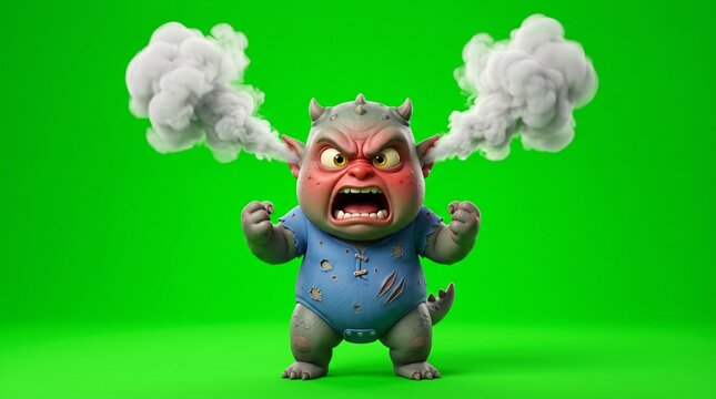 Cartoon Demon Character with Steam Coming Out of Ears Furious Expression.