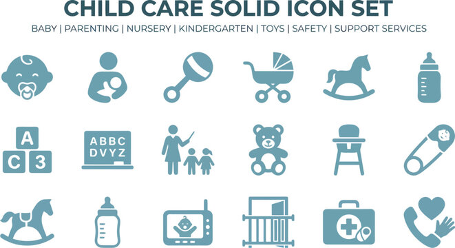 A collection of solid icons related to child care and parenting services