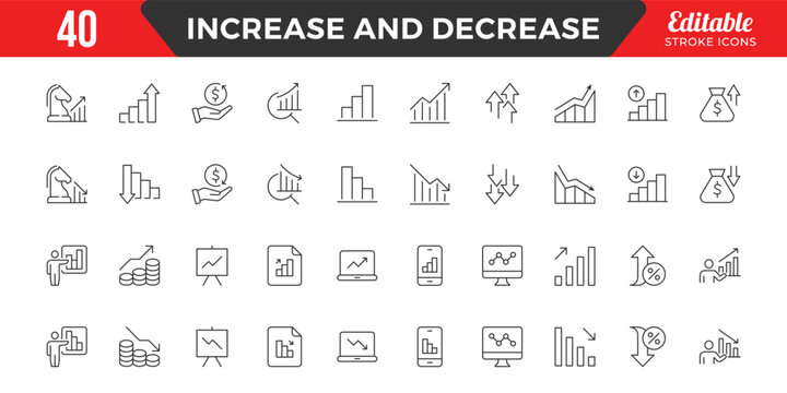 Increase and Decrease line Editable Icons set. Graph, Diagram, business growth, finance, economy, statistics, summary, profit, fall, arrow up, down,
and more. Simple vector icons. Editable Stroke.