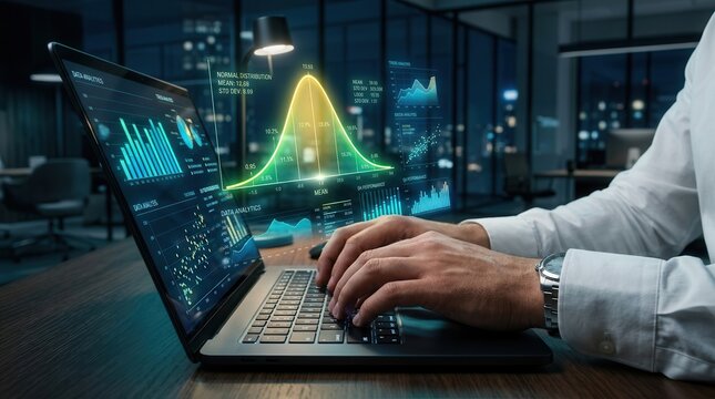 Businessman using a laptop computer to perform data analysis based on normal distribution.