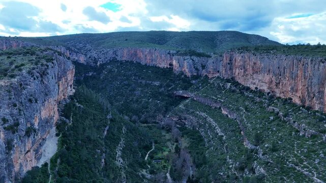 Aerial Drone View of Turia Canyon Nature and Cliffs Valencia Spain
