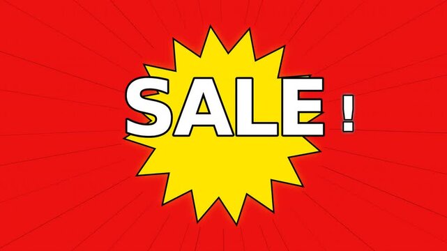 Bright red promotional poster featuring a central yellow starburst with bold white SALE!!! lettering