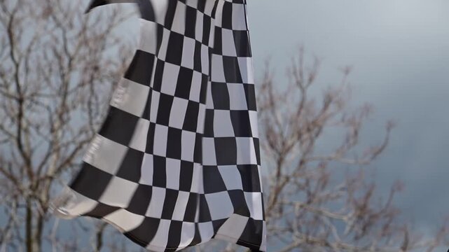 a checkered flag waving vigorously in the wind