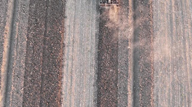 Tractor performing soil tillage in Pianura Padana near Piacenza Emilia Romagna Italy creating parallel furrows and dust trail in agricultural field, top down tracking drone shot