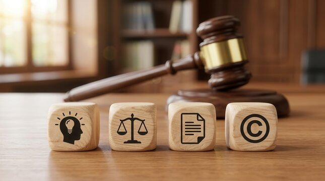 Wooden judge gavel and blocks representing copyright and intellectual property protection concepts.