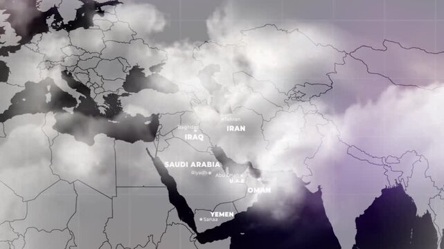 Animated world map zoom highlighting Iran with glowing borders and moving clouds for geopolitical and news context