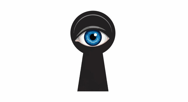 An eye peers out from a black keyhole, its blue iris detailed