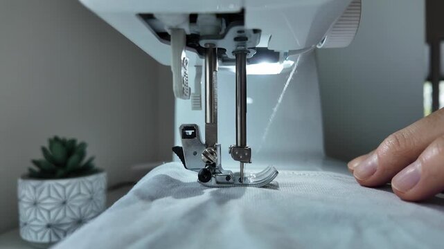 Close up of sewing machine stitching white fabric in home workshop. Tailoring process, handmade clothing production and textile craft concept.