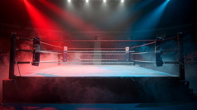 Empty Boxing Ring with Dramatic Red and Blue Lights and Smoke