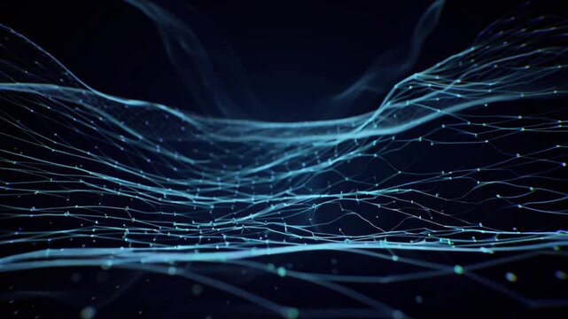 Abstract digital glowing blue data network wave flowing on dark background for technology presentation