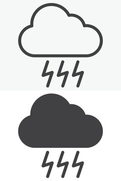 Thunder cloud icon in line and solid style. Outline and filled cloud icon with lightning bolts. Editable stroke vector sign symbol. Weather thunder icon for storm forecast UI.