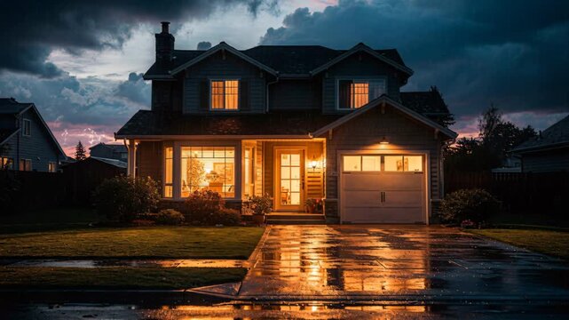 Suburban Home with Illuminated Windows on a Rainy Night