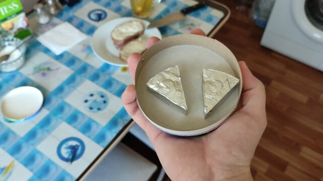 Person holding foil-wrapped processed cheese triangles in hand, at kitchen, first person view