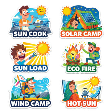 Outdoor 2D Stickers Of People Cooking On Solar Rocks And Sleeping In Solar Tents For World Environment Day Eco Friendly Camping Adventure Renewable Energy And Sustainable Travel Lifestyle Art Scene