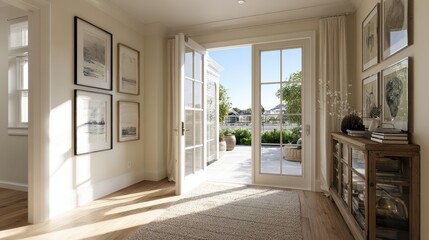 Fototapeta premium Bright and Airy Modern Interior Entryway with French Doors Leading to a Sunny Patio