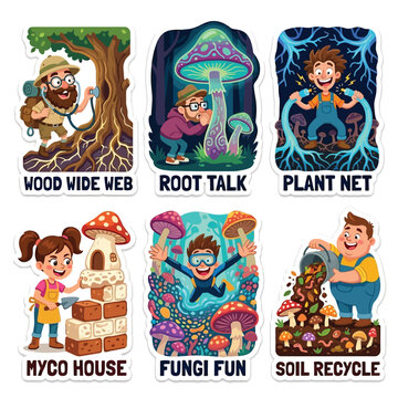 Intriguing 2D Stickers Of Characters Listening To Tree Roots And Building Mushroom Brick Houses For World Environment Day Mycology Innovation Soil Health And Sustainable Material Science Art Scene