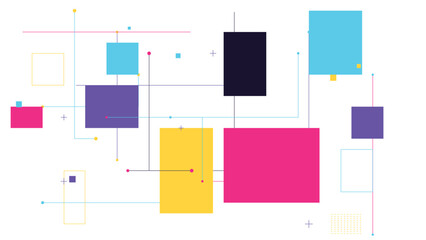 Fototapeta premium Abstract colorful geometric background with vibrant rectangles and digital network lines on white backdrop for creative tech design.