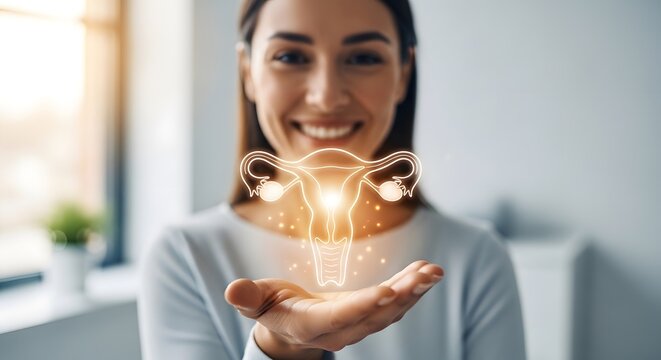 Woman Holding Glowing Uterus Hologram Representing Reproductive Health and Wellness