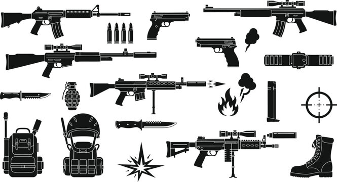 Variety of firearms and weaponry collection in black silhouette style