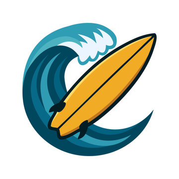 Vacaciones en la playa. Logo club de surf. Dibujo con siluetas de una tabla de surf en el interior de una ola de mar
