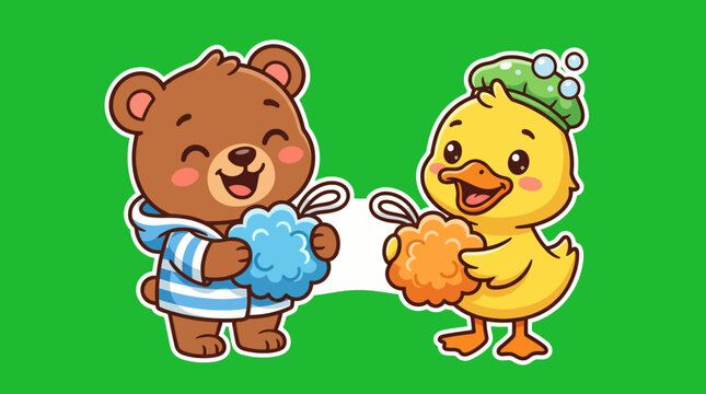 Adorable Bear and Duck Friends Enjoying Bath Time Together with Sponges.