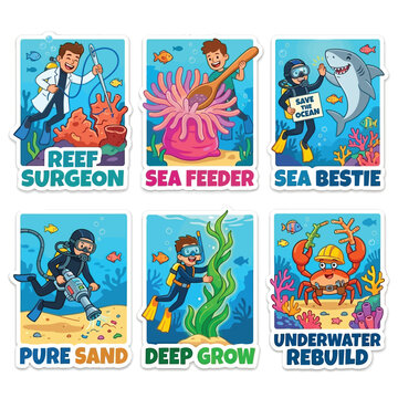 Heroic 2D Stickers Of Divers Stitching Broken Reefs And Feeding Anemones With Giant Spoons For World Environment Day Marine Habitat Restoration Sea Life Protection And Underwater Eco Action Art