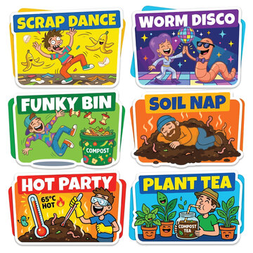 Funky 2D Stickers Of Characters Dancing With Worms On Compost Piles For World Environment Day Organic Waste Recycling Soil Health Transformation And Sustainable Fun Lifestyle Concept Art Scene