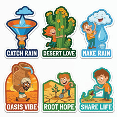Fototapeta premium Epic 2D Stickers Of People Using Giant Funnels To Catch Rain And Hugging Blooming Cacti For World Environment Day Arid Land Irrigation Innovation Water Harvesting And Drought Solutions Concept Art